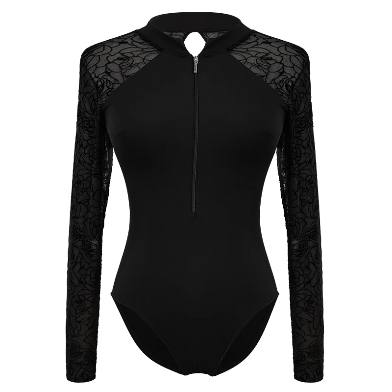 Ballet Leotards for Women Zippered Dance Leotaed Black Adult Ballerina Clothes Lace Long Sleeve Stand-up Collar Dance Costume
