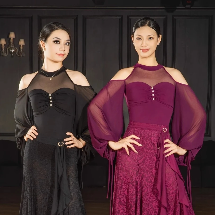 2025 Wals Dans Kleding Ballroom Dansvoorstelling Kostuum Vrouwen Mesh Lange Mouwen Tops Volwassen Praktijk Slijtage Paars Tops BL 17171