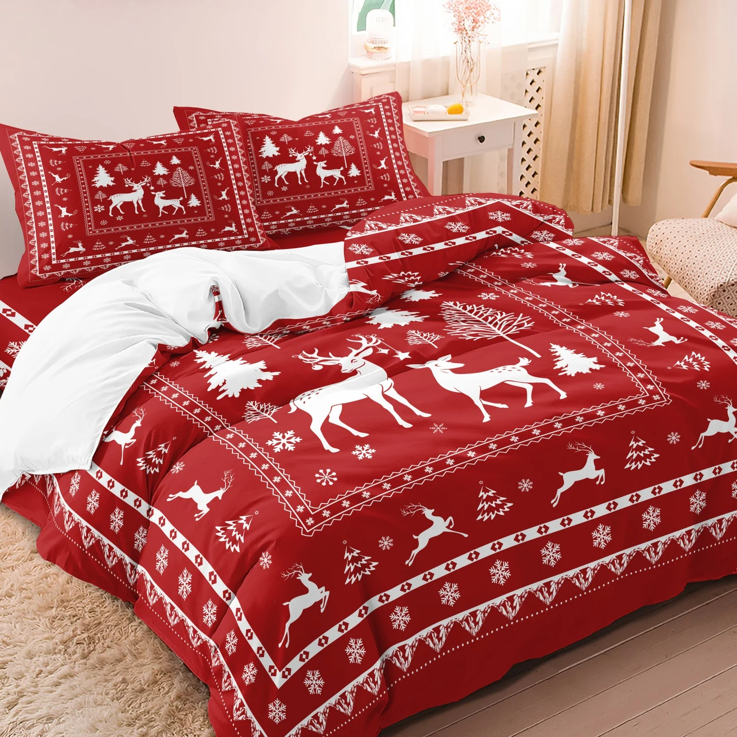 3Pcs Christmas Reindeer Duvet Cover Set, Red & White Elk Christmas Tree and Snowflake Border Pattern Bedding