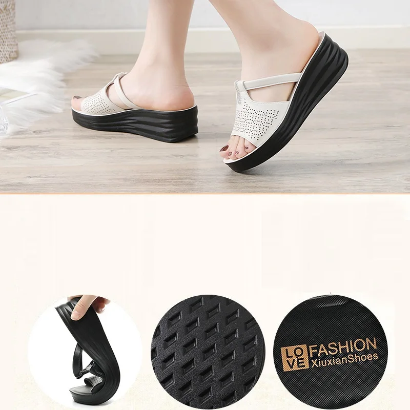 2024 Summer Women Sandals Genuine Leather Open Toe Casual Female Platform Beach Shoes Mother Wedges Heels Soft bottom Slippers