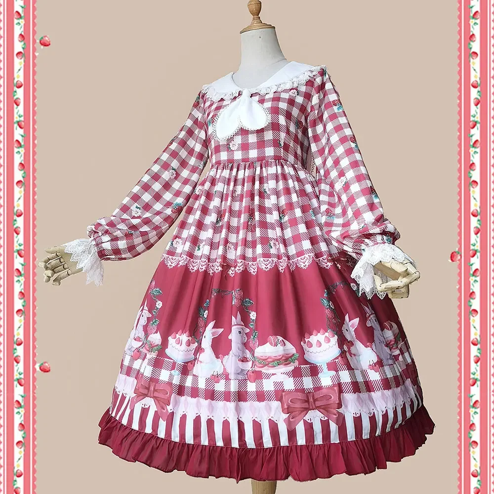 

Bunny's Picnic Time ~ Sweet Printed Plaid Lolita Dress Long Sleeve Midi Party Dress by Infanta