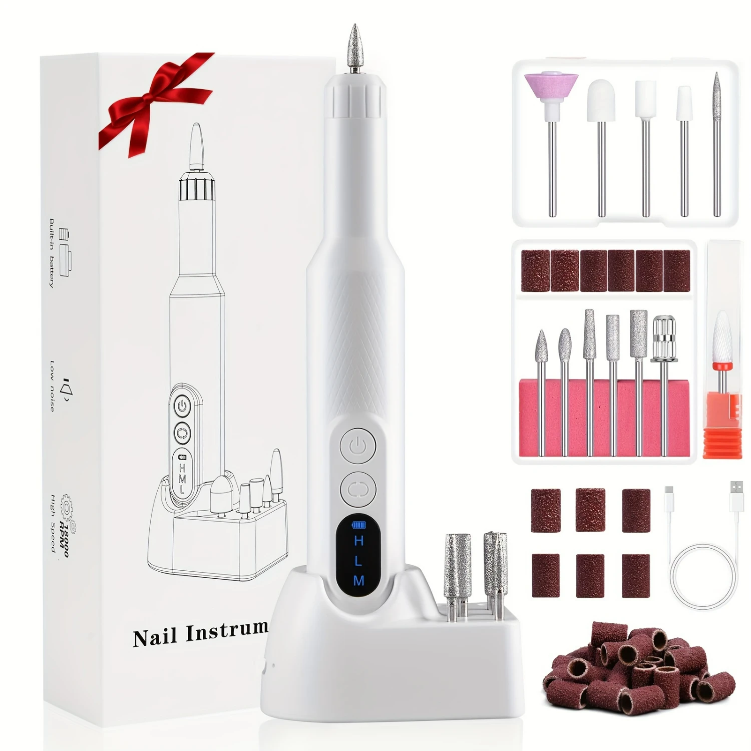 Professional Rechargeable Cordless Nail Drill Kit for Women - Wireless Manicure Grinder with White Acrylic Files for Gel Nails,