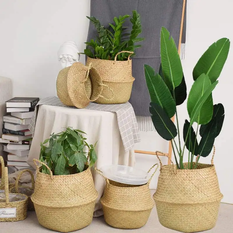 Storage Baskets Straw Wicker Rattan Hanging Flowerpot Seagrass Folding Laundry Clthoes Baskets Garden Plant Basket Home Decor