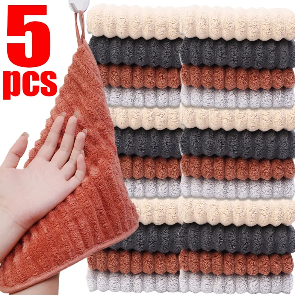 

5/1PCS Thickened Hand-Wiping Towel Coral Fleece Enduring Towel Hangable Absorbent Soft Handkerchief Kitchen Washing Dishes Towel