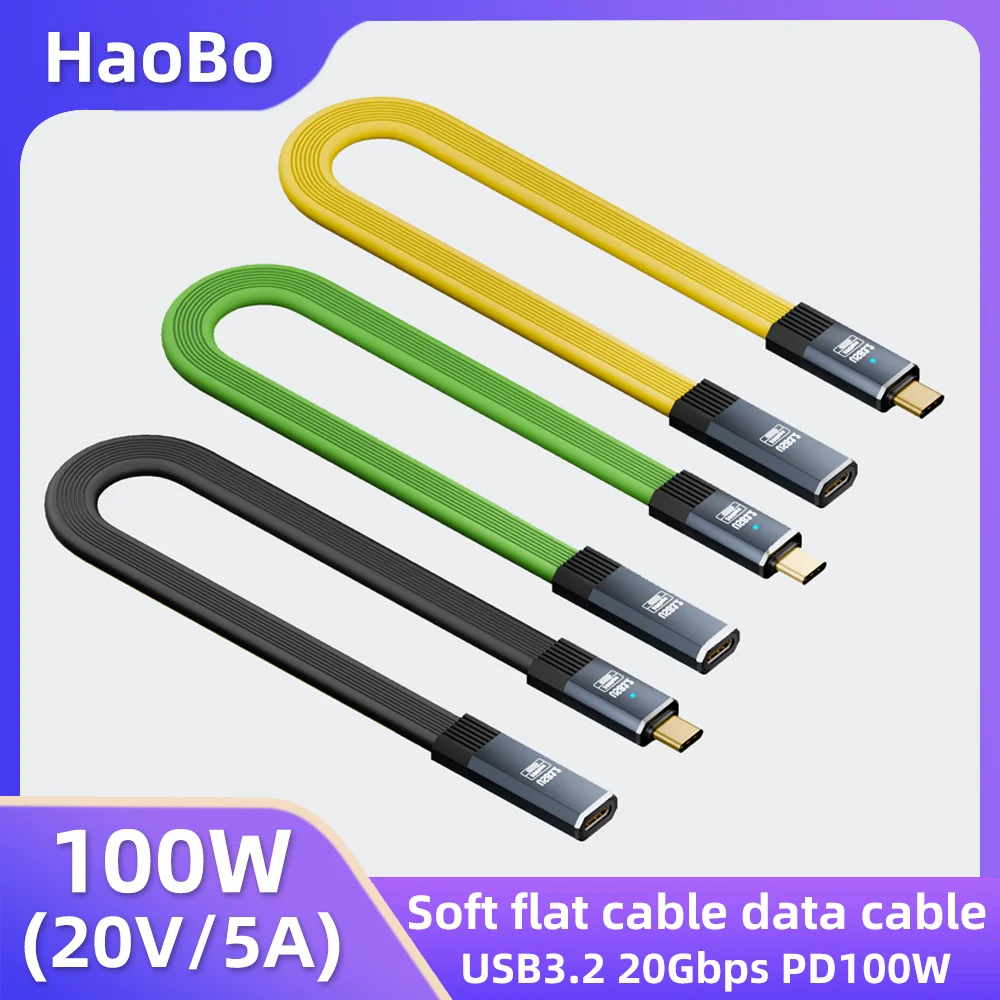 Flat USB3.2 20Gbps ThunderBolt 3 Type C to C Extension Data Cable PD100W 5A USB-C Cord For iPhone 16 15 Pro MacBook Pro Samsung