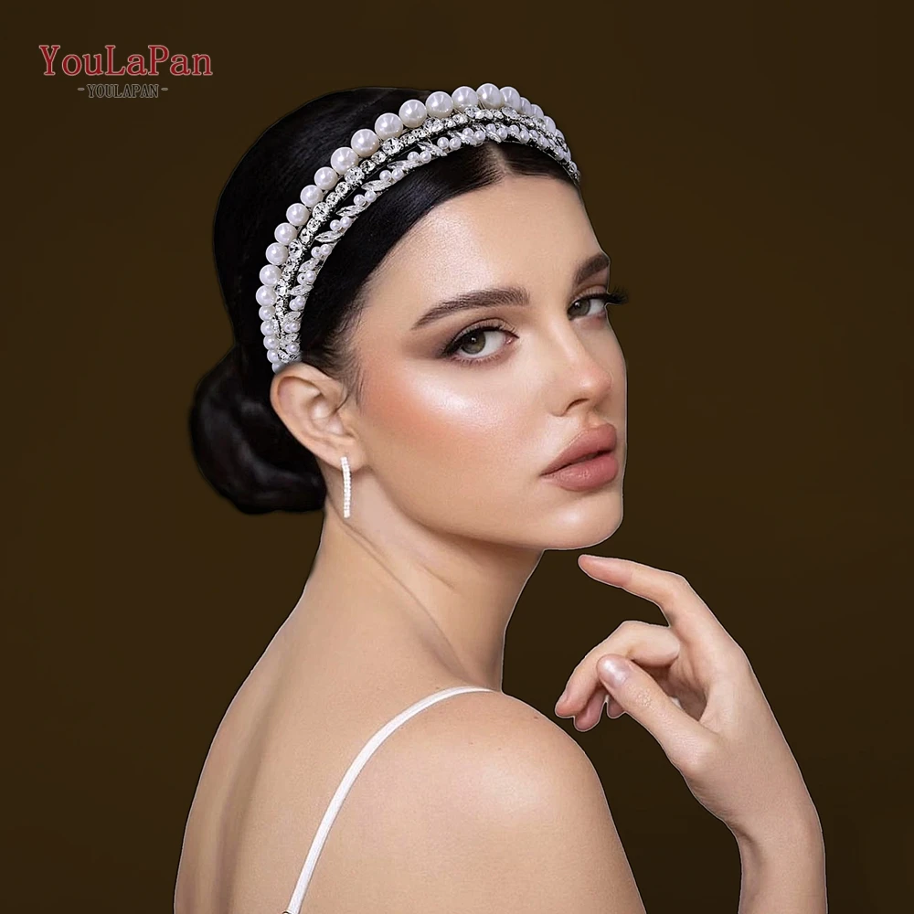 TOPQUEEN Handmade Pearls Hair Hoop Bridal Hair Accessories Rhinestone Bride Headdresses Hair Tiara For Wedding Events HP660 image 6