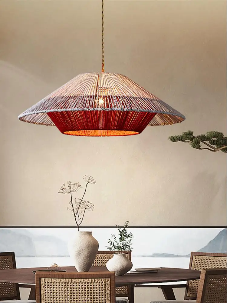 Vintage Wabi Sabi Hemp Rope Rattan Weaving Led Chandelier Living Room Home Decor Lamp Restaurant Bedroom Pendant Lights Fixtures