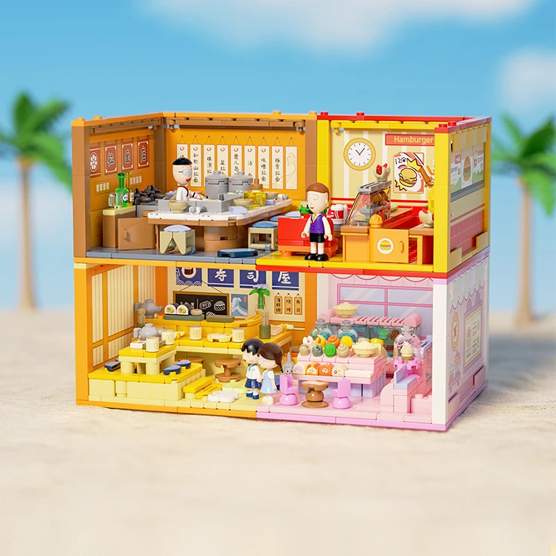 Weekit Chibi Maruko-chan Sushi Bar Building Blocks Set Street View Shop Assembled Model Toys For Home Decor Holiday Gifts