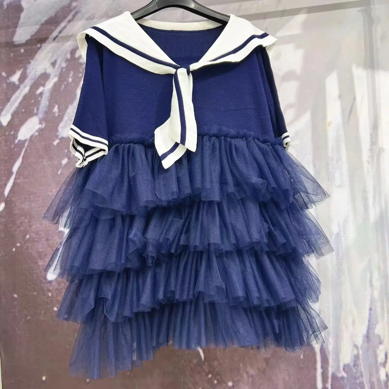 Chic Sailor Collar Mesh Spliced Multi-Layers Ruffles Navy Tees Dress Gauze Patchwork Pleated T-Shirts Dress Jumpers Tops Vestido