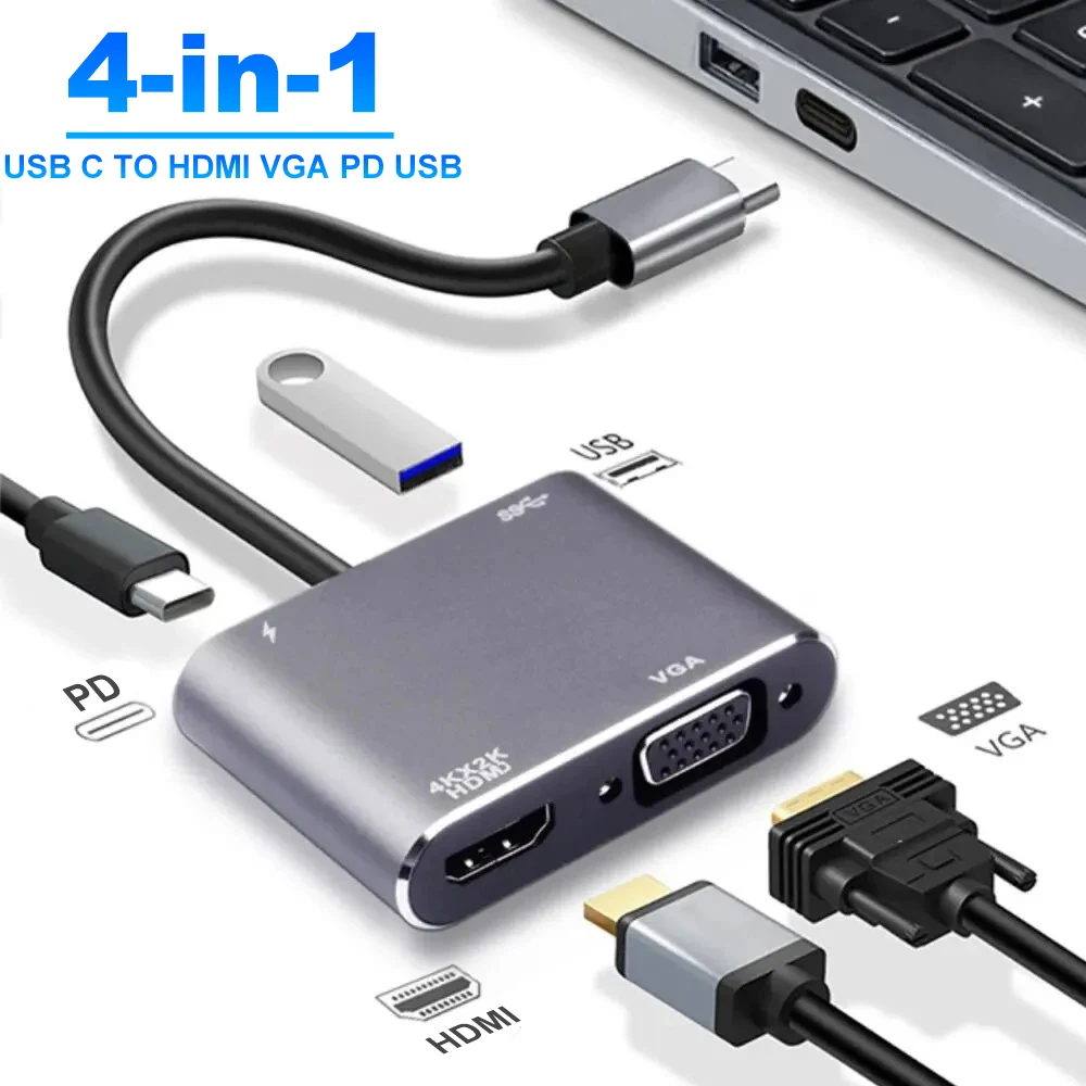 4 in 1 USB C Hubs Type C 3.0 Adapter to 4K HDMI HDTV VGA USB 3.0 PD Fast Charge Splitter for MacBook Notebook Laptop Computer