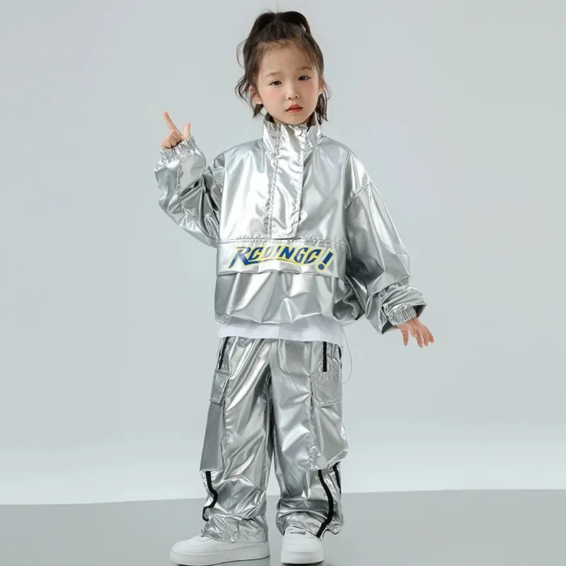 Ragazze Hip Hop Giacca con paillettes Pantaloni cargo Bambini Street Dance Argento lucido Pantalone Set di vestiti Bambini Wasteland Punk K-pop Costumi