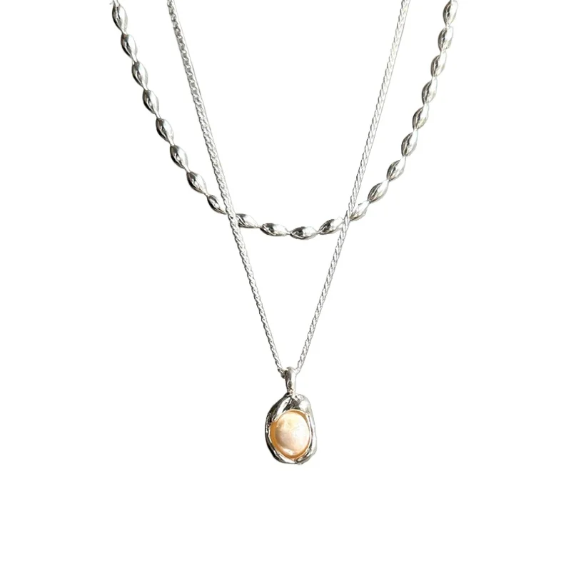 

Double-layer stacked silver pearl necklace, simple and versatile, niche cold wind collarbone chain