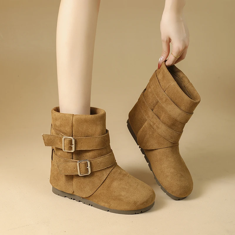 CRLAYDK ريترو المرأة قصيرة حذاء من الجلد الانزلاق على الشتاء مشبك حذاء مسطح عادية مريحة السيدات المشي جولة تو الجوارب