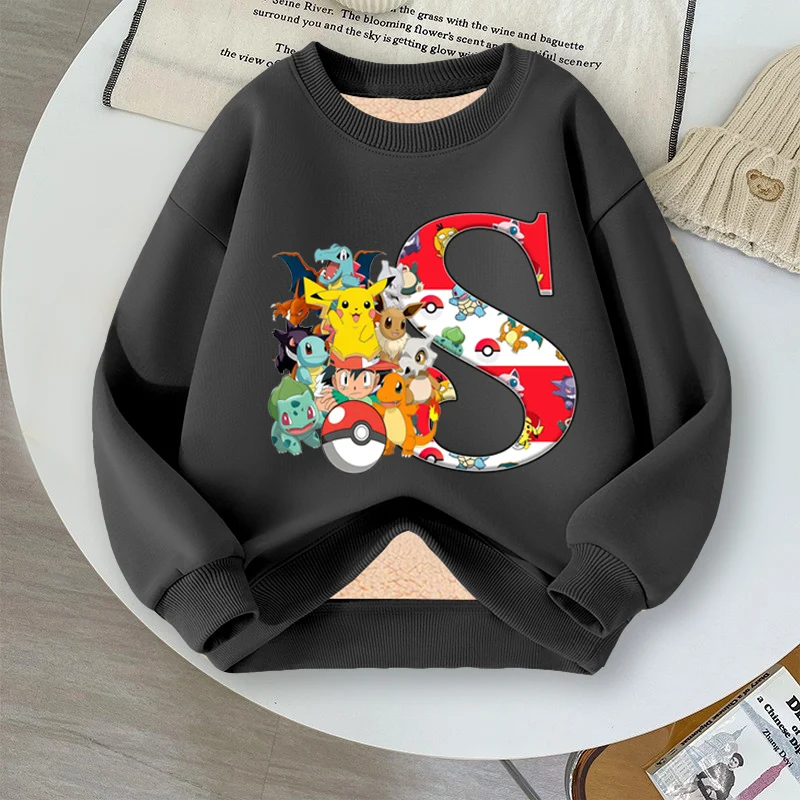 Anime Pikachu Felpa invernale per bambini Lettera AZ Pokemons Tuta in pile addensata per ragazzo Ragazza Pullover caldo Abbigliamento sportivo per bambini