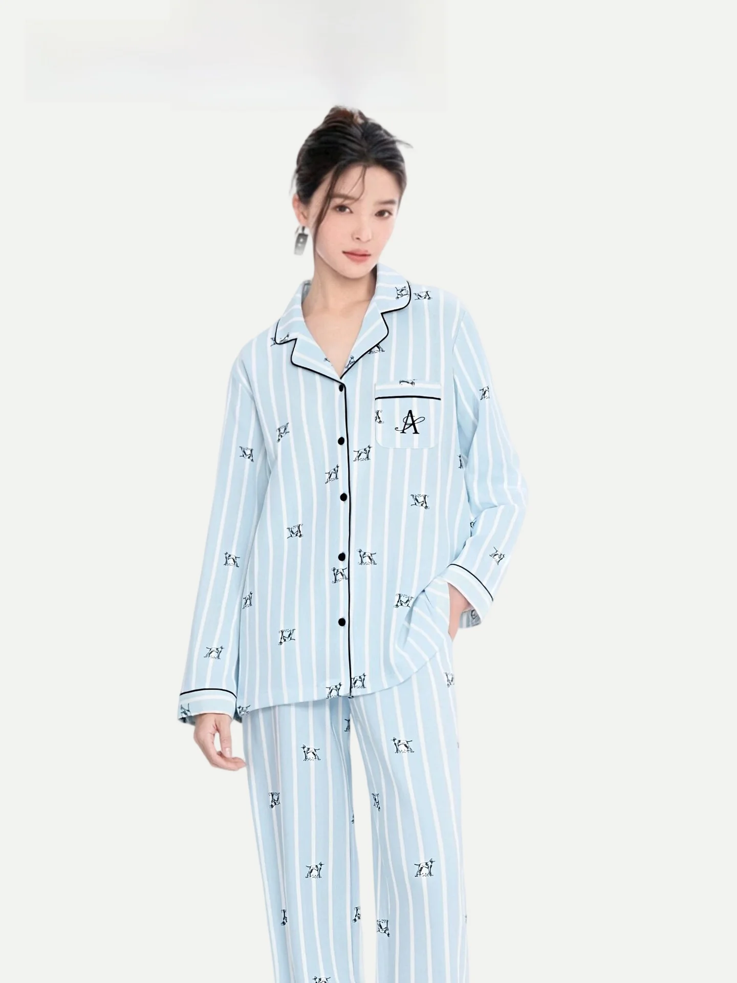 PinkBread Blue Patterned Long Sleeve Cotton Nightgown Soft Comfortable Women's Sleepwear Home Clothes Spring Autumn Outfit