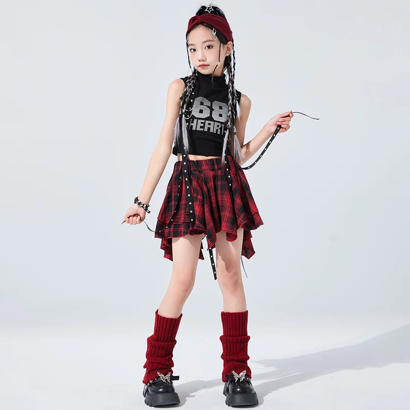 Hip Hop Girls Crop Top Plaid Street Dance Skirt Kids Ribbon Pleated Skirts Teens Jazz Cool Costumes Child Streetwear Clothes Set