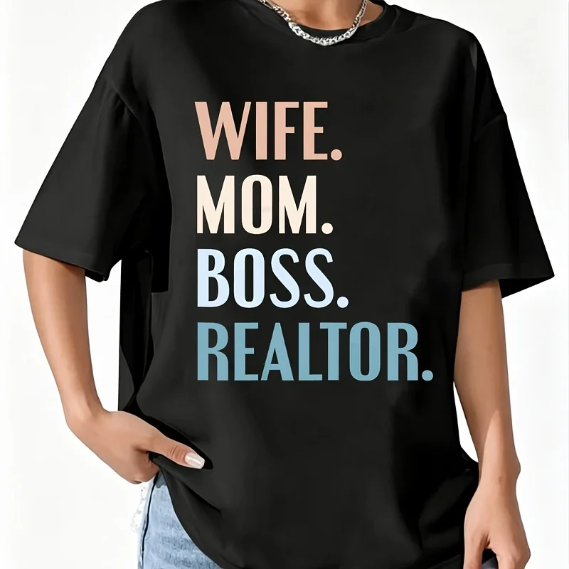Wife Mom Boss Realtor Women's 100% Cotton T-Shirt Short Sleeve Top Casual Round Neck Fun Print Tee S-5Xl