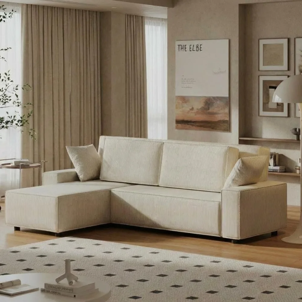 

Fine Stripe Corduroy Sectional Sofa, L Shaped Modern Corduroy Couch, Sofa Couch with Deep Chaise, Customized