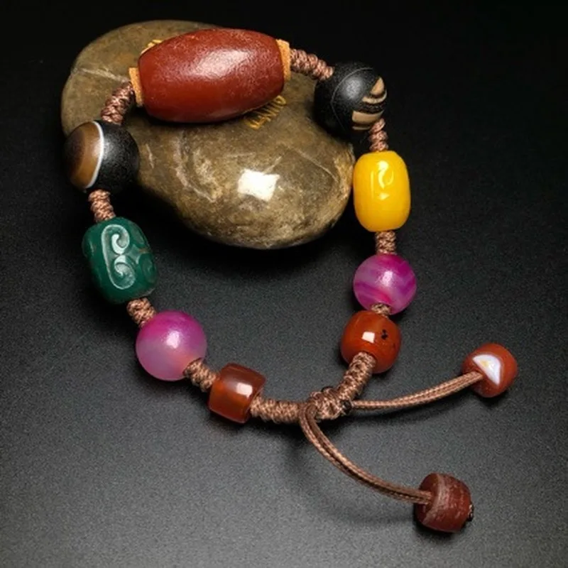 Ethnic Multi- Natural Agate And Dzi Bead Bracelet, Hand-Woven Ancient Style