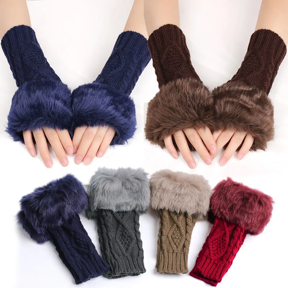 Winter Knitted Touchscreen Gloves Women Girls Cute White Arm Warmers Furry Gloves Mittens Stretch Half Finger Fingerless Gloves