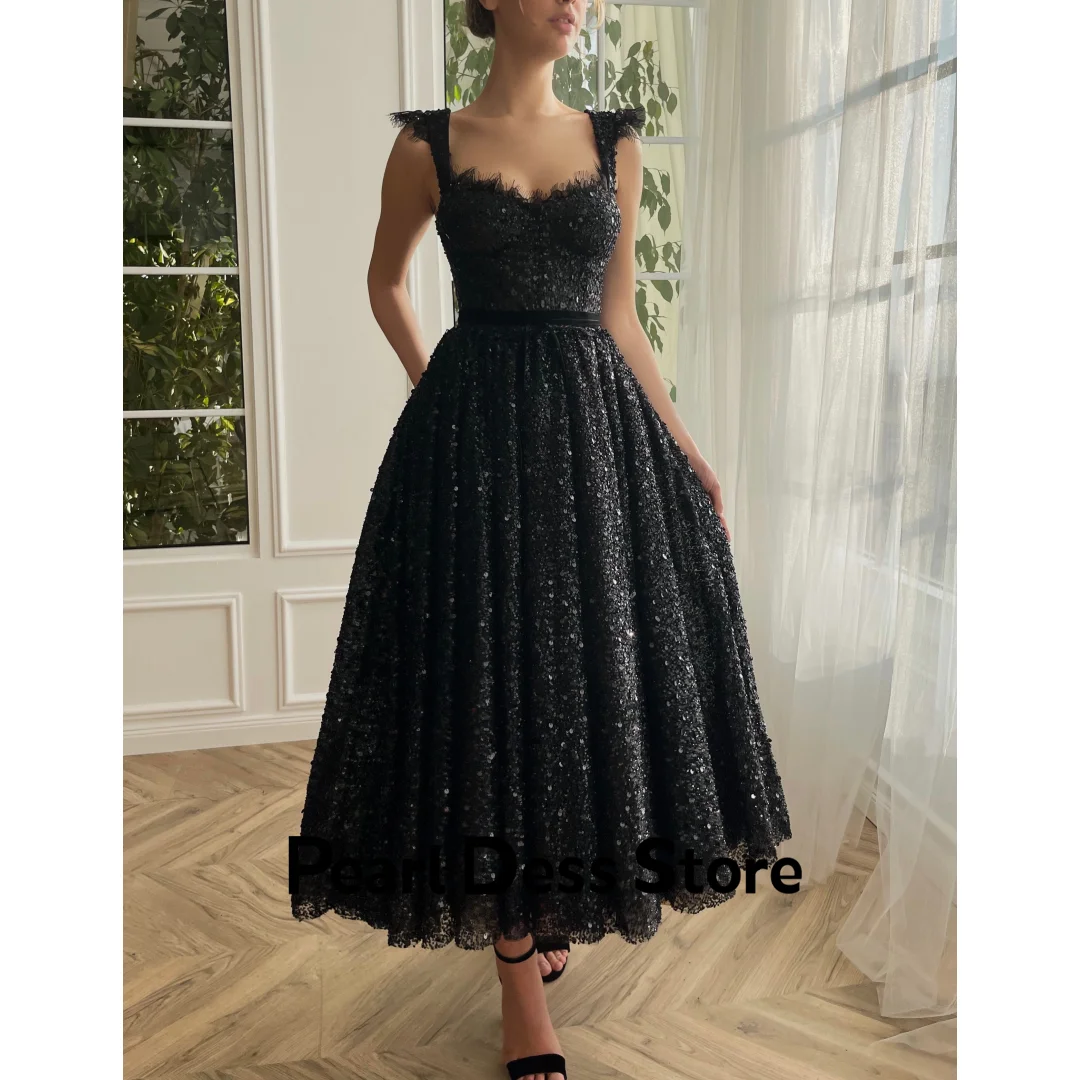 Pearl Evening Dress Dresses for Formal Occasions Black Gala Dresses Woman 2024 for Party Beaded Lace Sleeveless Square Collar