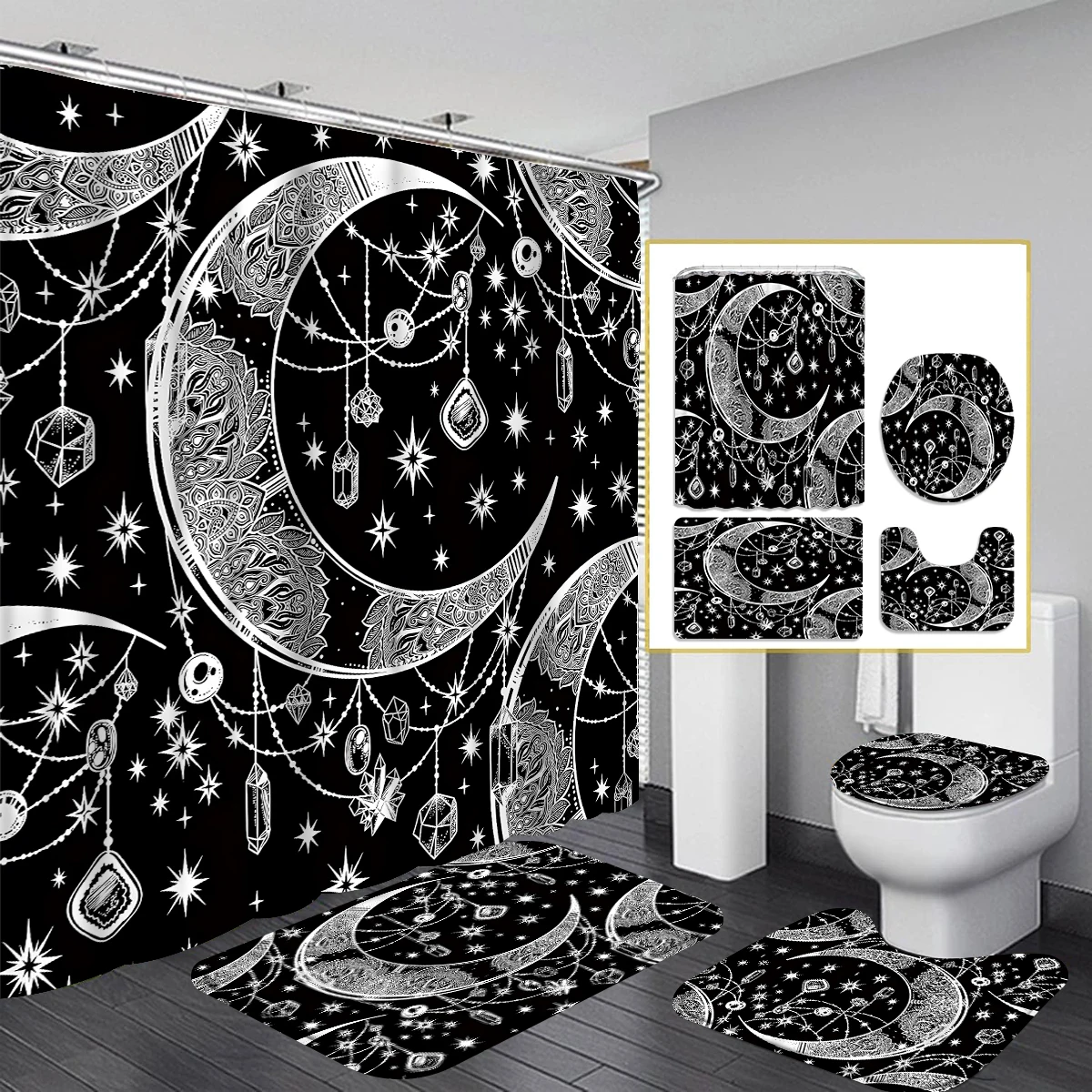 1/4 Piece Shower Curtain Set, Waterproof Bathroom Partition Curtain with Hooks, Anti-Slip Bath Rug, U Shape Mat, Toilet Seat Cov