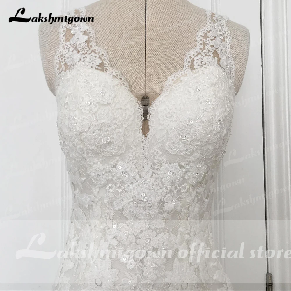 Lakshmigown Nàng Tiên Cá Váy Áo Cổ V Phối Ren Appliques Chiếu Trúc Hạt Cô Dâu Đồ Bầu Vestidos Elegantes Para Mujer Áo Dây De Mariée