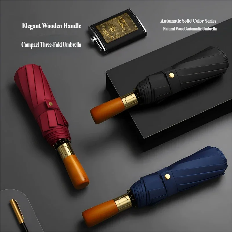 

Automatic Umbrella One-Button Full Retraction 12 Ribs Antique Bronze Original Wood Handle Three-Fold High-End Business Men's Sun