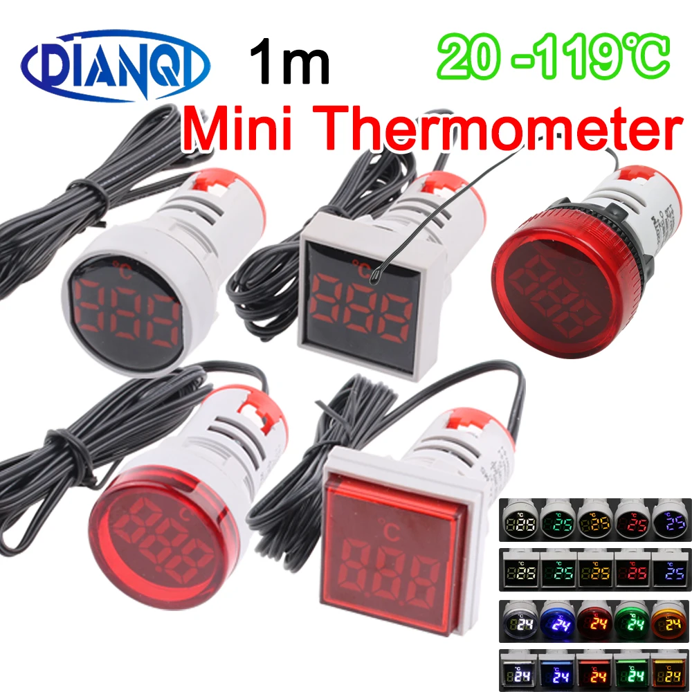 22mm Small Mini Light Display Thermometer Digital Temperature Meter LED Indicator AC50V-380V 20~+119\'C with 1m Sensor Probe Wire