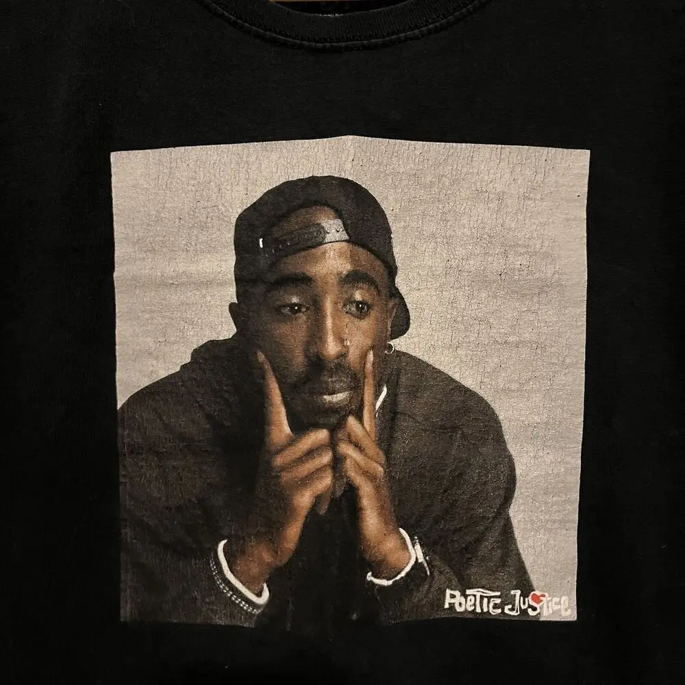 Poetic Justice Men T-Shirt Black Tupac Shakur Graphic Portrait Crew Neck Tee L