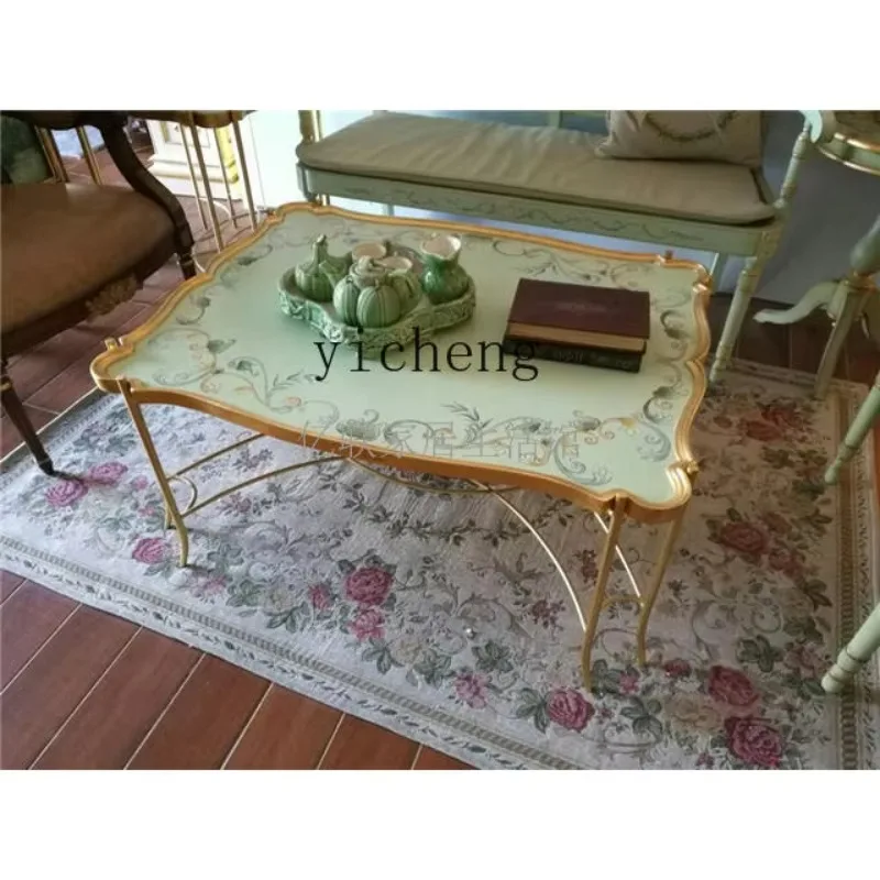 CZ-4 European Brass Wrought Iron Retro French Green Hand-painted Flower Coffee Table Corner Table