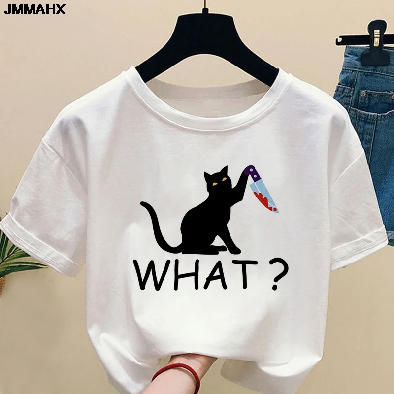 T-shirt da donna con stampa gatto divertente T-shirt Harajuku casual traspirante girocollo manica corta T-shirt bianca alla moda