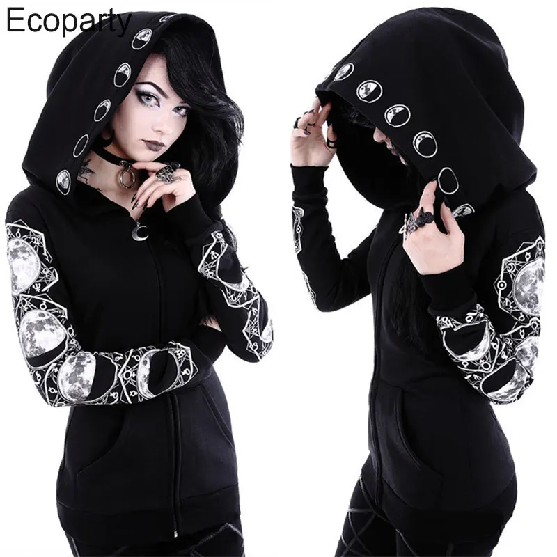 Women Black Gothic Wizard Cosplay Hoodie Sweatshirt Medieval Steampunk Sheep Head Moon Printed Zipper Hoodie Outwear For Women