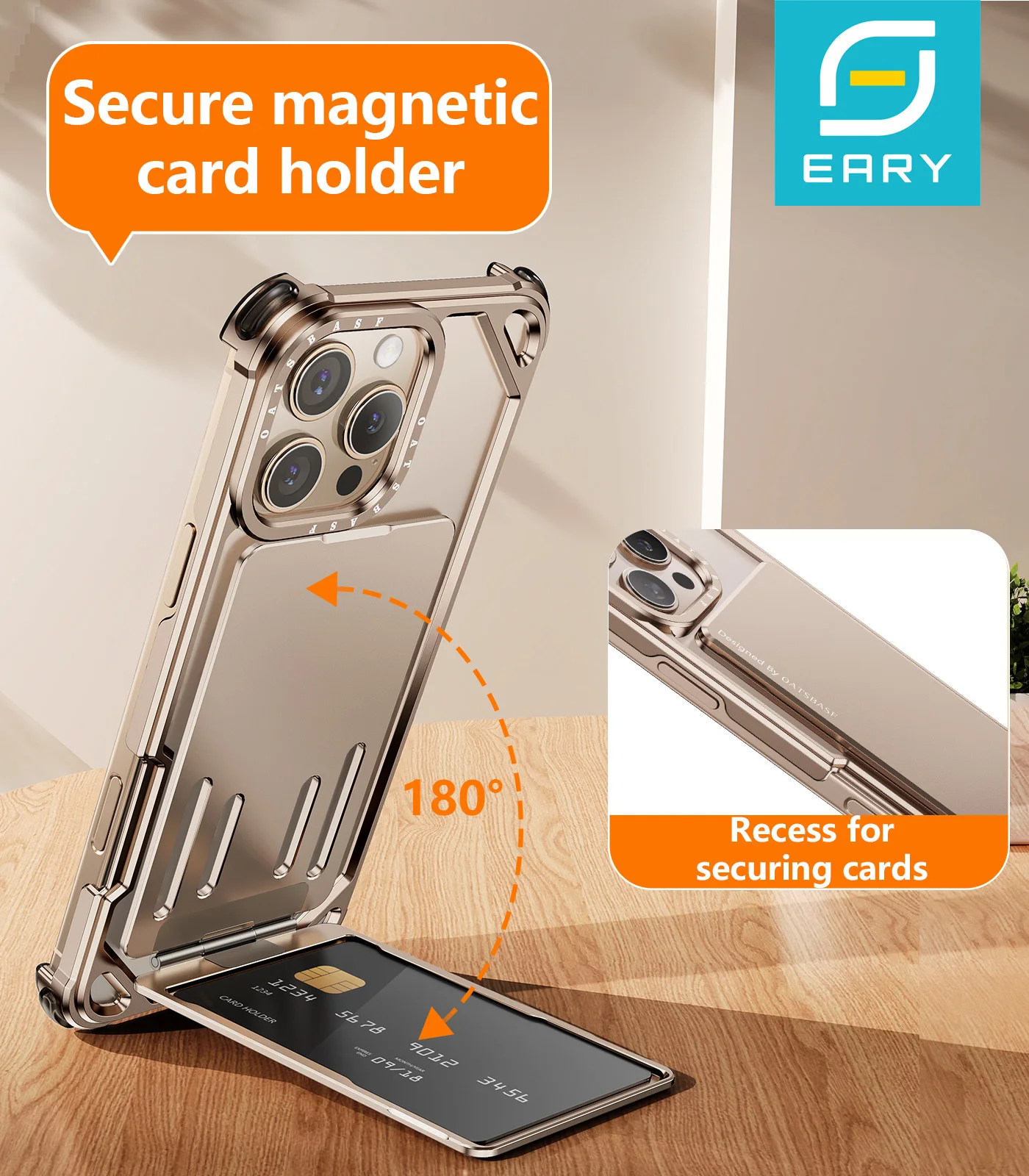 

Eary Frameless Case for iPhone 16 Pro Max Minimalist Ultra-thin Shockproof Cover Metal Phone Stand with Magnetic Card Holder