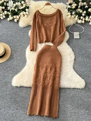 Croysier Skirts Sets Womens Outfits Cozy Casual Knitted Two Piece Set Women Cropped Sweater Pullover And Midi Skirt Co Ord Set