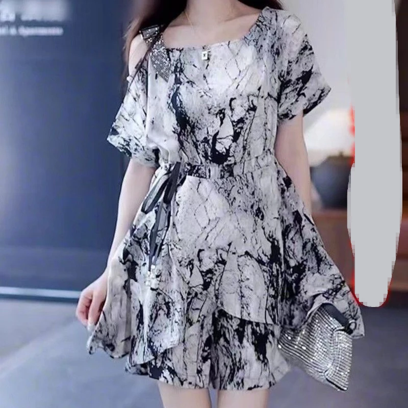 Chiffon shorts suit women's summer 2024 new skirt suit fashion semi-off-the-shoulder collar small two-piece suit