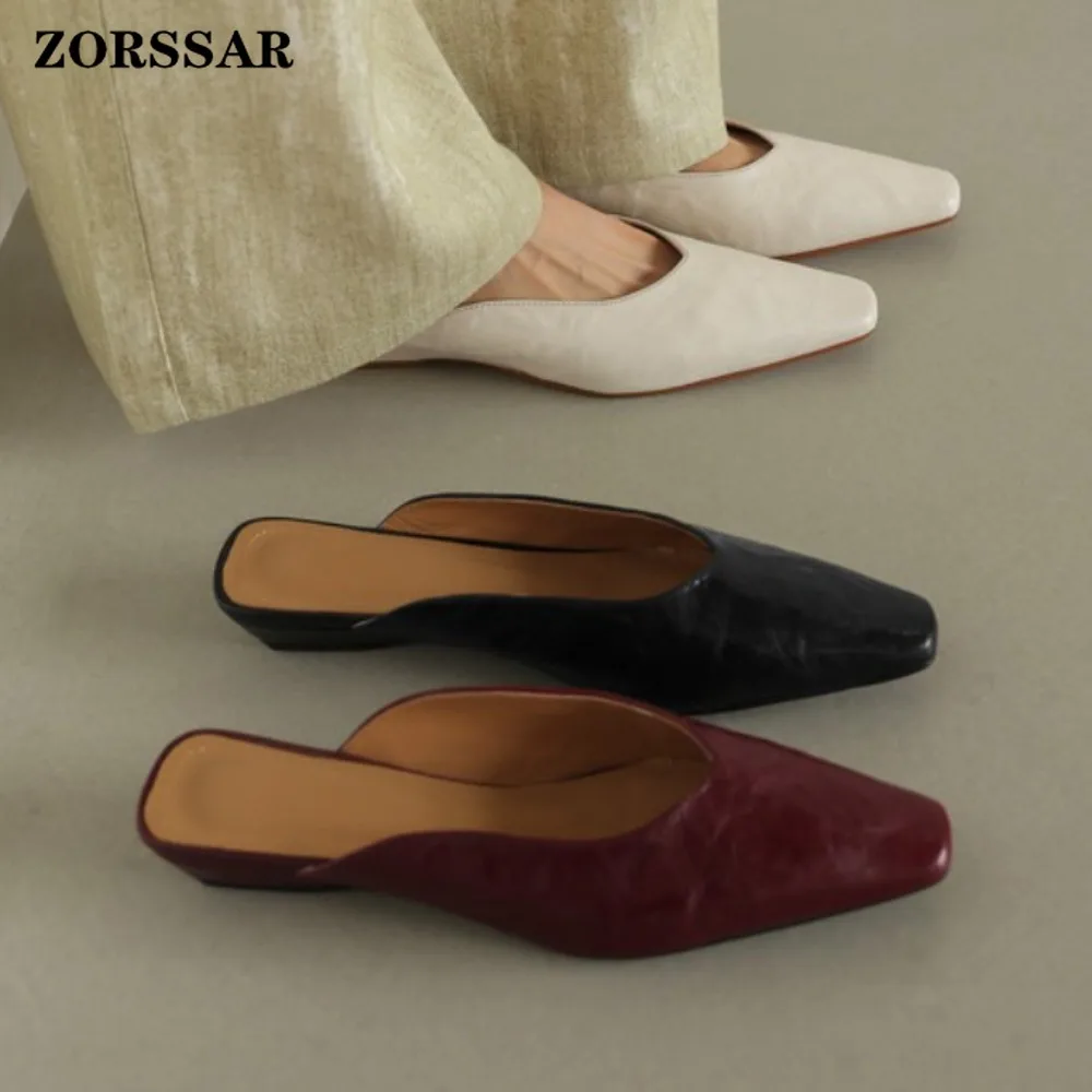 

Womens Leather Pointed Toe Flat Mules Slippers Backless Loafers Comfortable Slip on Shoe for Ladies Fashion Daily Casual Sandals