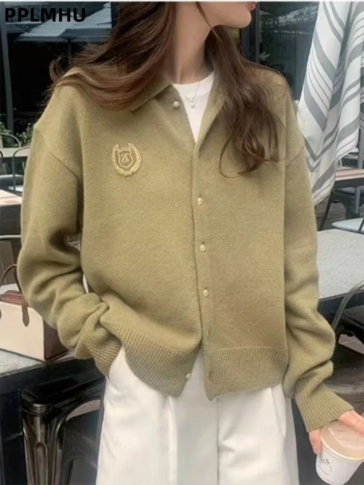 Embroidered Lapel V-Neck Knitwear Sweater Jacket Retro Loose Knitted Cardigan Baggy Women's Casual Korean Fashion Sueter Top