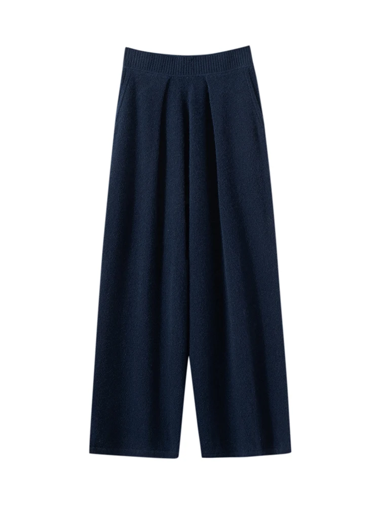 من المألوف عادية بسيطة الراحة محبوك واسعة الساق السراويل بنطلون المرأة الأساسية الخريف الشتاء الدافئة لينة 100% الكشمير قيعان