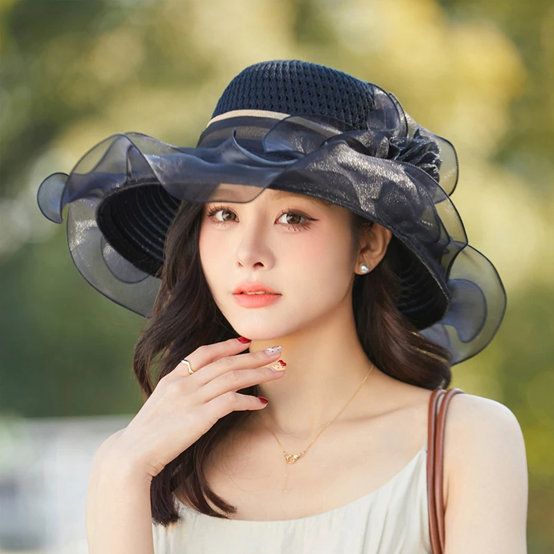 

(JYA2)Elegant Summer Women's Sun Hat Breathable Organdy Material Foldable Design Top Flower Organza Wide Brim Ruffled Beach Hat