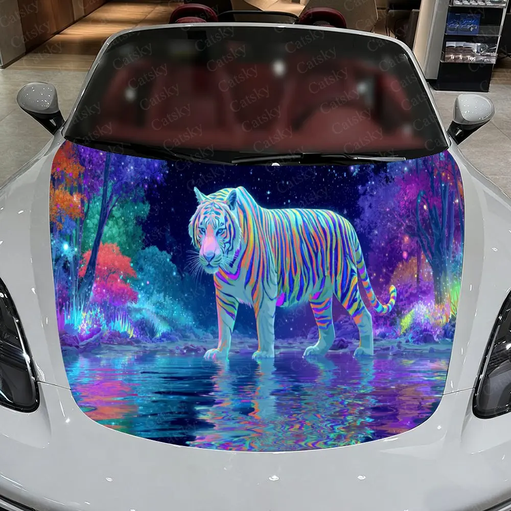 Enchanting Tiger Reflection Car Hood Stickers - Self-Adhesive, Waterproof and Durable Vinyl Wrap, Decorate And Protect Your Car