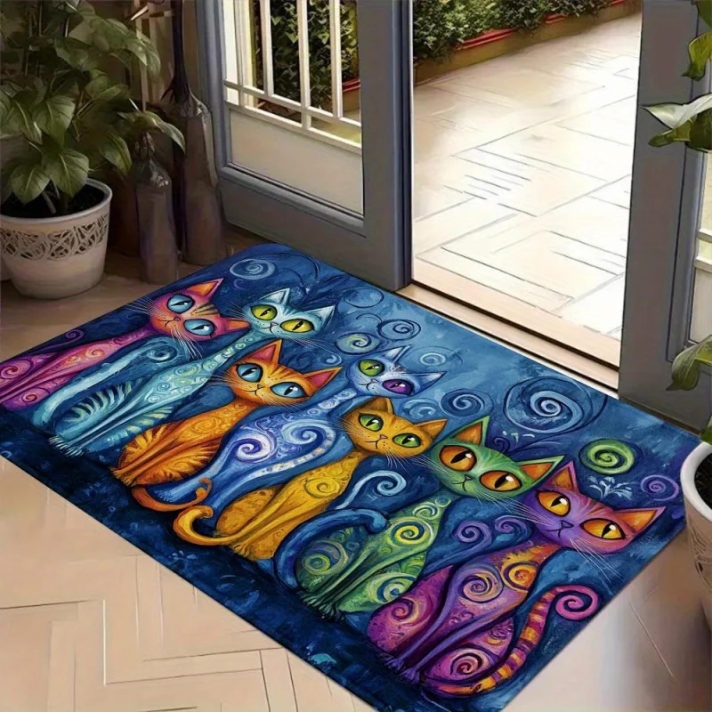 VIKAMA Tapete de entrada colorido con diseño de gato: tapete antideslizante y que reduce el ruido para pasillos, baños y sanitarios—Artículos para el hogar