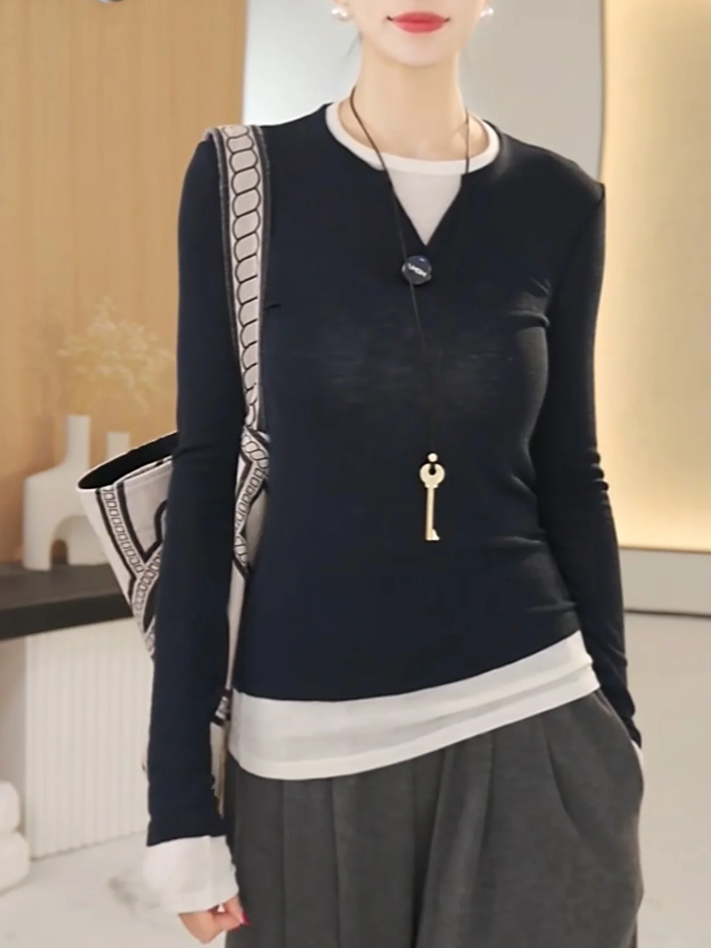 

Женская облегающая футболка с длинным рукавом, базовый слой, цветной блок, повседневный топ для осеннего сезона