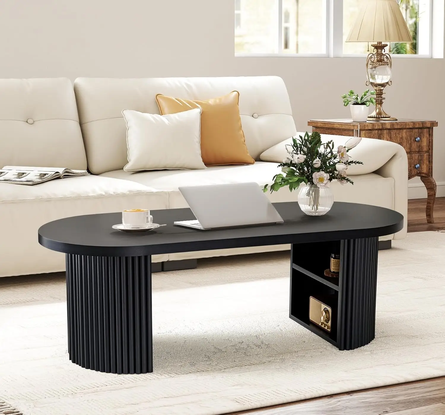 

Oval Fluted Coffee Table 47in Wood Mid Century Boho Living Room Office Desk Black, Customized