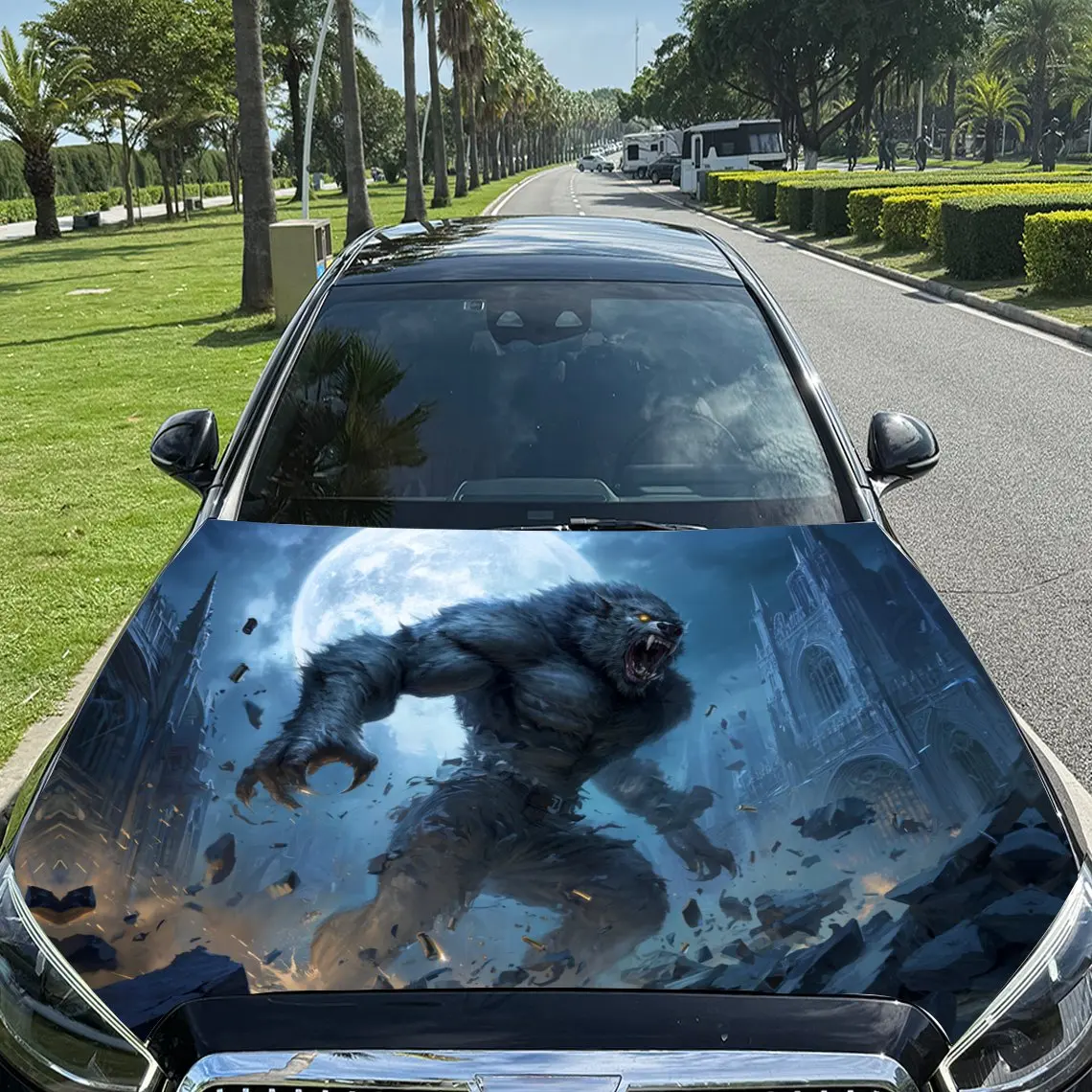 Fantasy Moonlit Werewolf Car Vinyl Wrap, PVC Material Waterproof Car Hood Sticker, Self-Adhesive Scratch-Resistant Stickers for