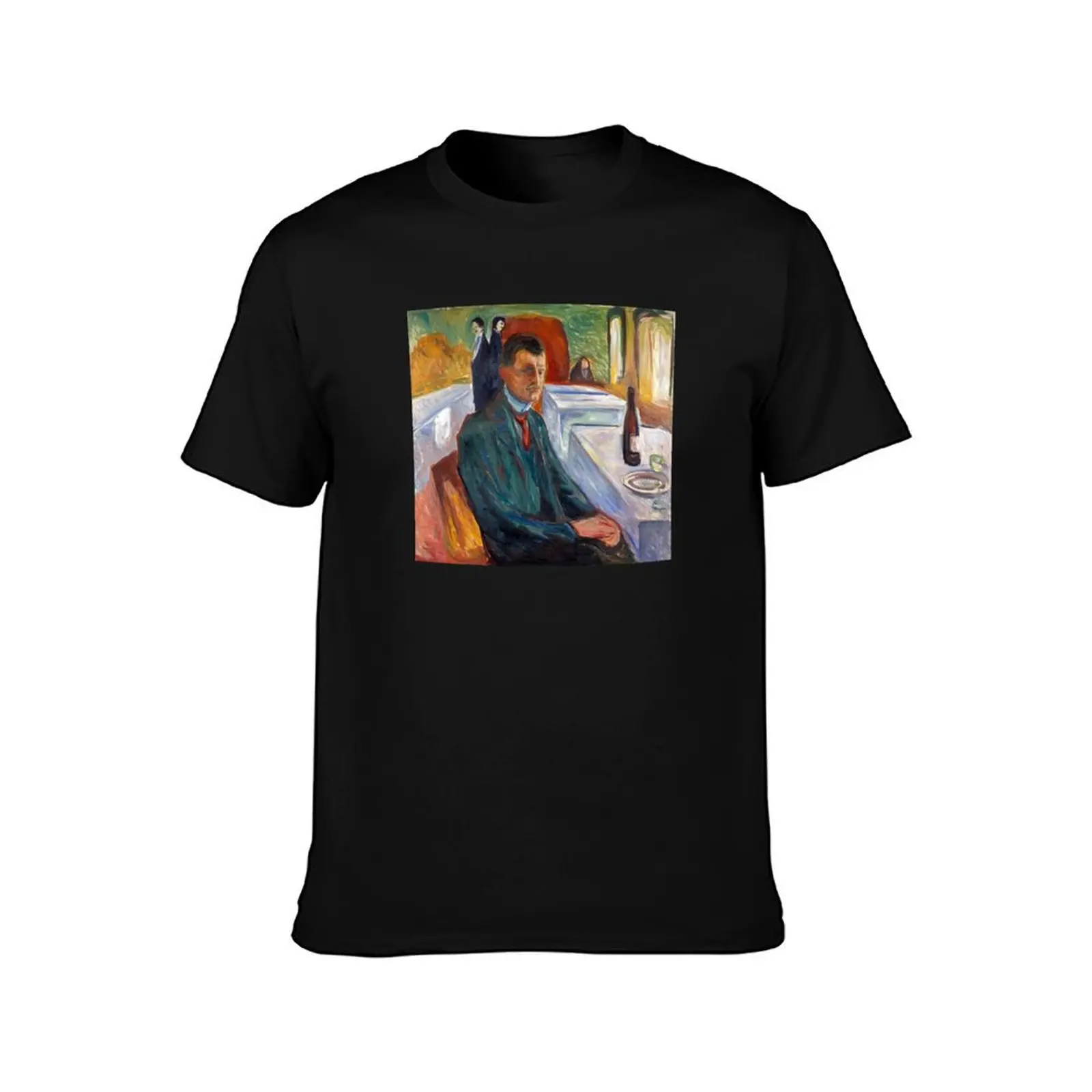 Self Portrait with Bottle of Wine by Edvard Munch Reproduction T-Shirt Basic Tee Shirt for Everyday Outfit T-Shirt