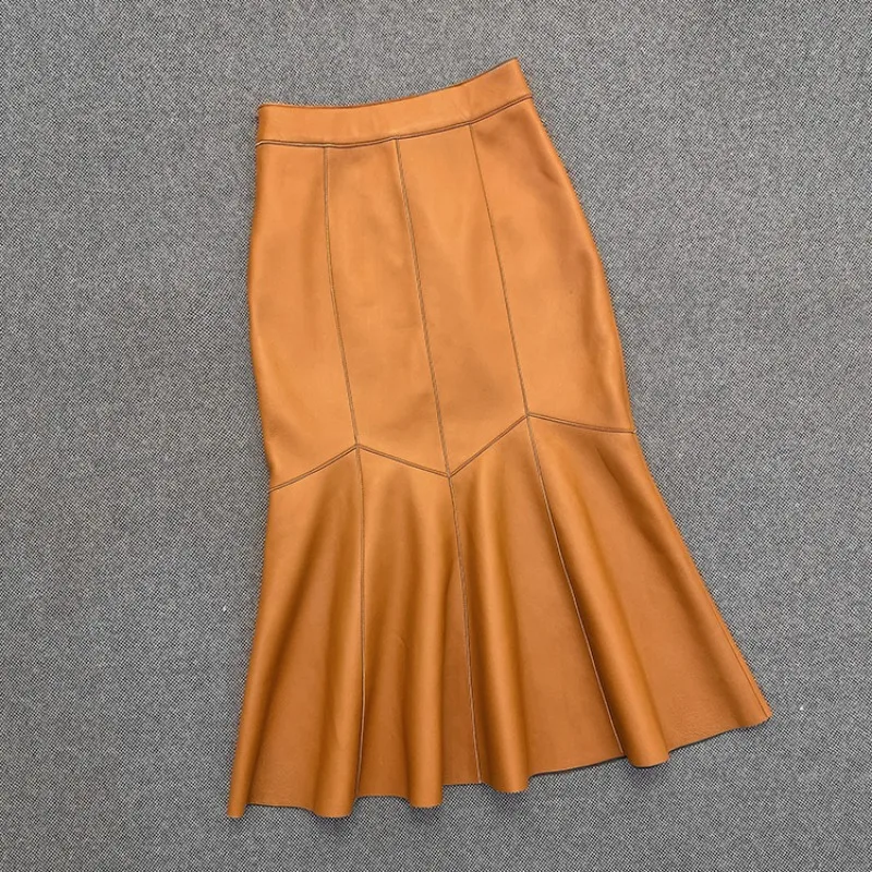 High Waisted Buttocks Wrapped Leather Skirt Women Fishtail Mid Length Skirt Genuine Leather Sheepskin Skirt