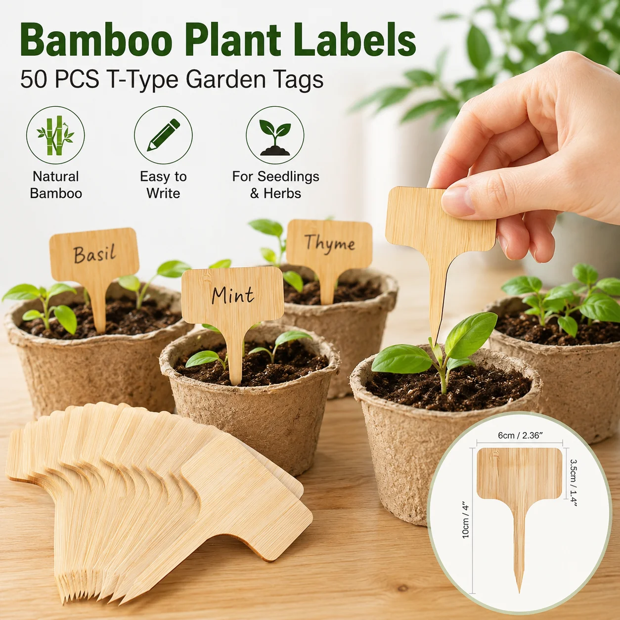 50PCS Bamboo Plant Labels T Type Garden Markers Wooden Seedling Tags for Indoor Outdoor Vegetables Flowers