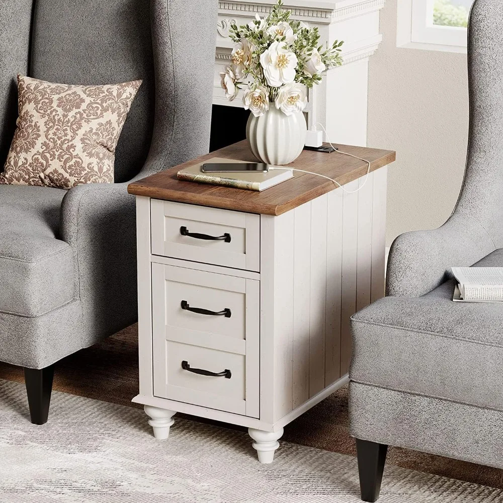 

End Table with Charging Station, White Side Table with Storage Cabinet and Drawer Wood Nightstand with Power Outlets & USB Ports