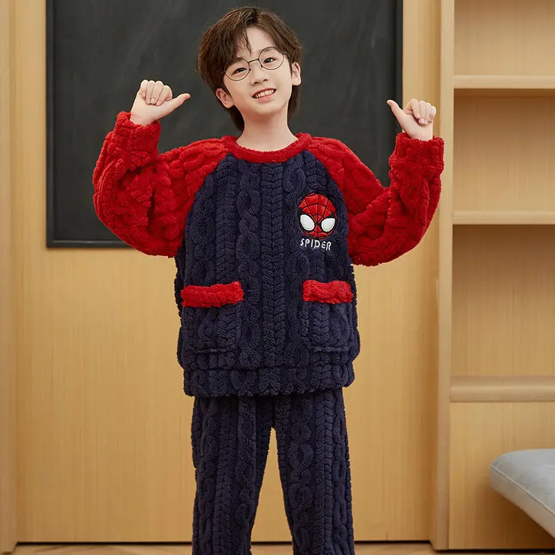 New Cartoon Children's Handsome Spider-Man Boy Thickened Pajamas Creative Anime Character Plus Velvet Warm Home Clothes Set Gift